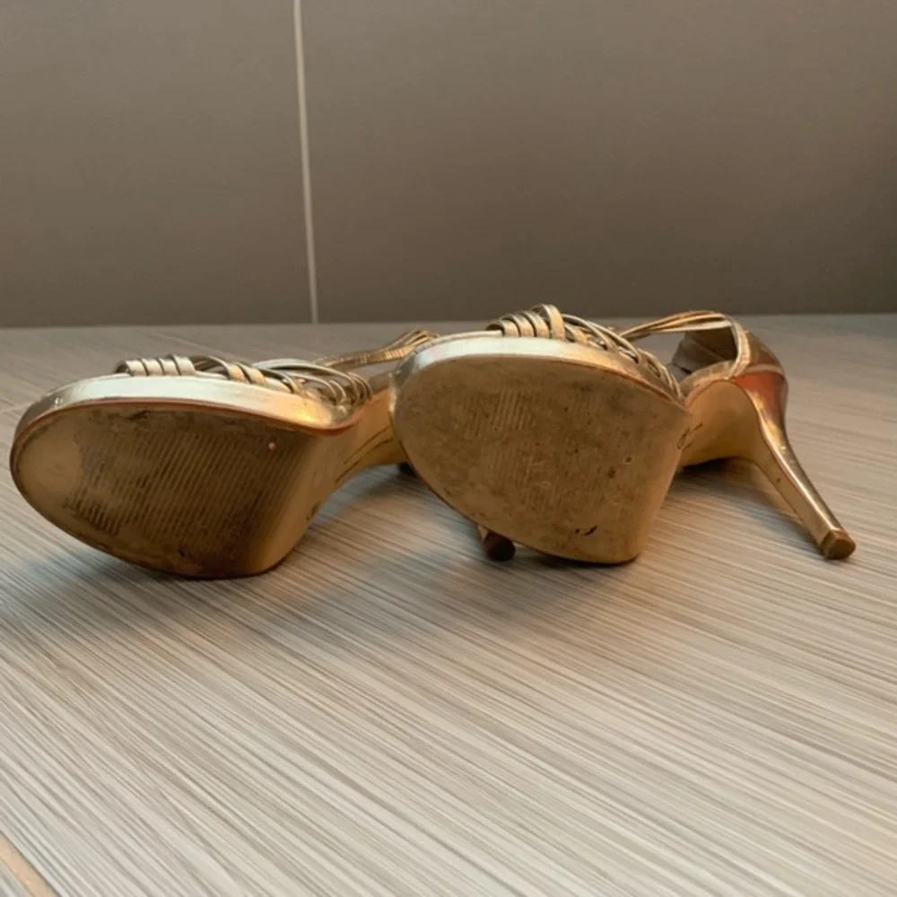 Chinese Laundry gold strappy platform heels